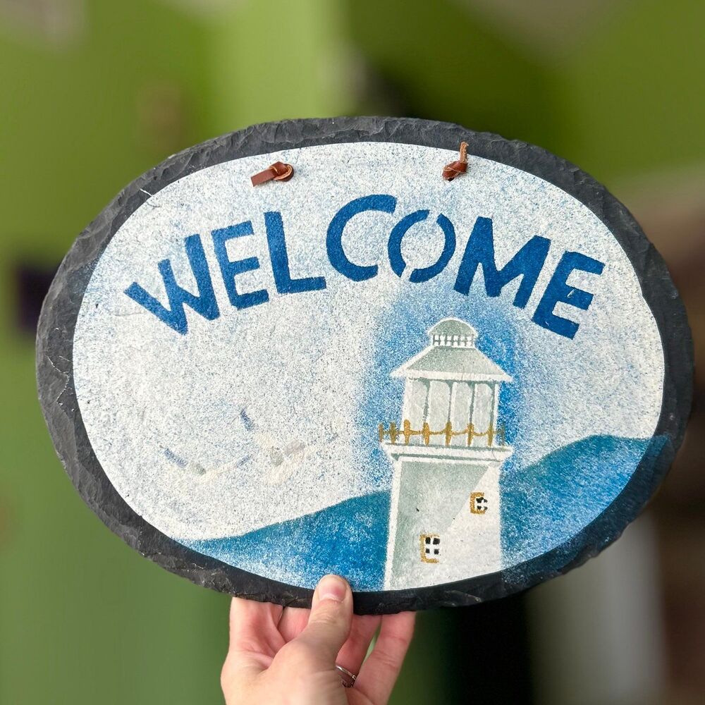 VTG Nautical Lighthouse Beacon Blue Stone Welcome Wall Sign